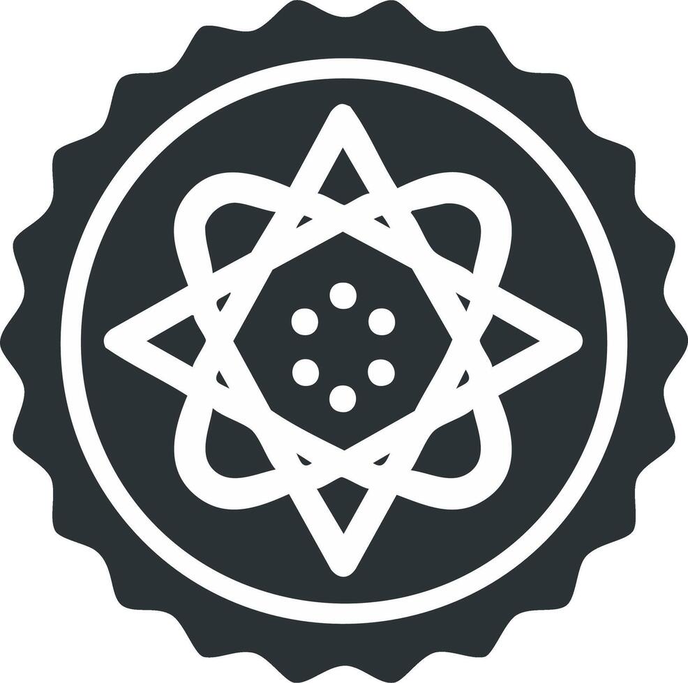 Abstract science logo icon featuring an atom and a star within a circular badge vector