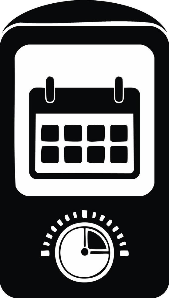 Black and white illustration of a device with a calendar and timer, graphic vector