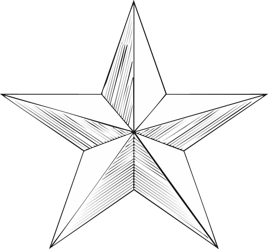 Black and white five-pointed star illustration with line art shading, graphic design element representing quality or achievement vector