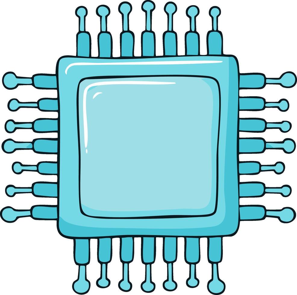 Doodle style illustration of a light blue computer microchip with connection pins and an empty light blue space for text vector