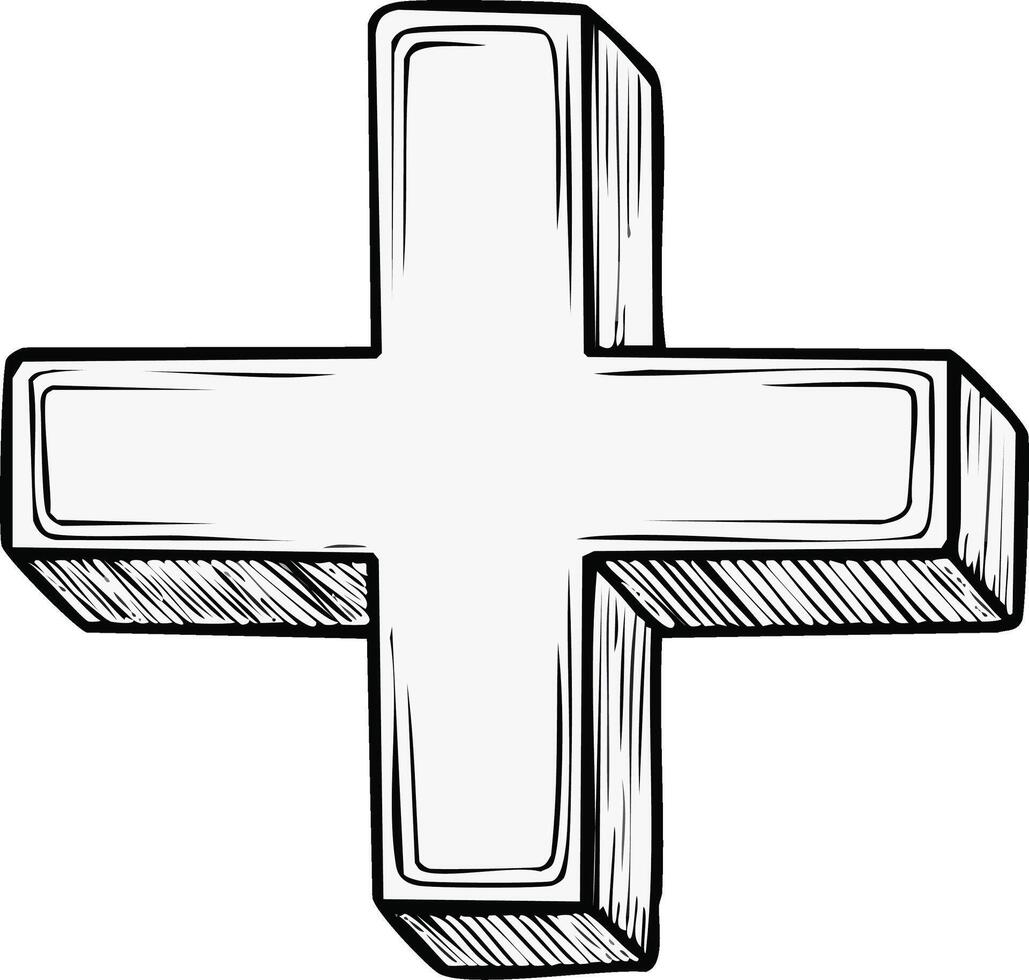 White plus sign symbol in sketch style with black outline and shadow effect vector