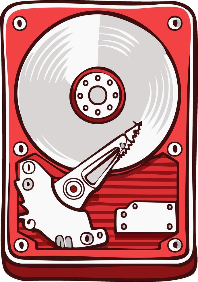 Vivid red computer hard drive illustration with cartoon stylized design for data storage with reading arm and round disk vector