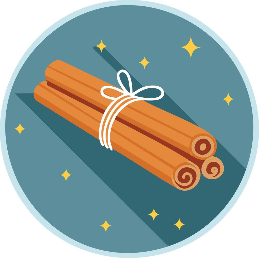Cinnamon sticks tied with a white string on a blue circle background decorated with yellow stars and a shadow effect vector