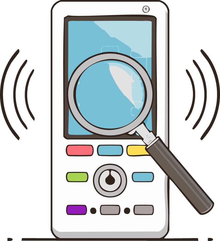 Smartphone with magnifying glass, displaying app icons and ringing waves vector