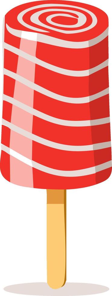 Vibrant Red and White Striped Ice Pop with Swirl Pattern on a Stick vector