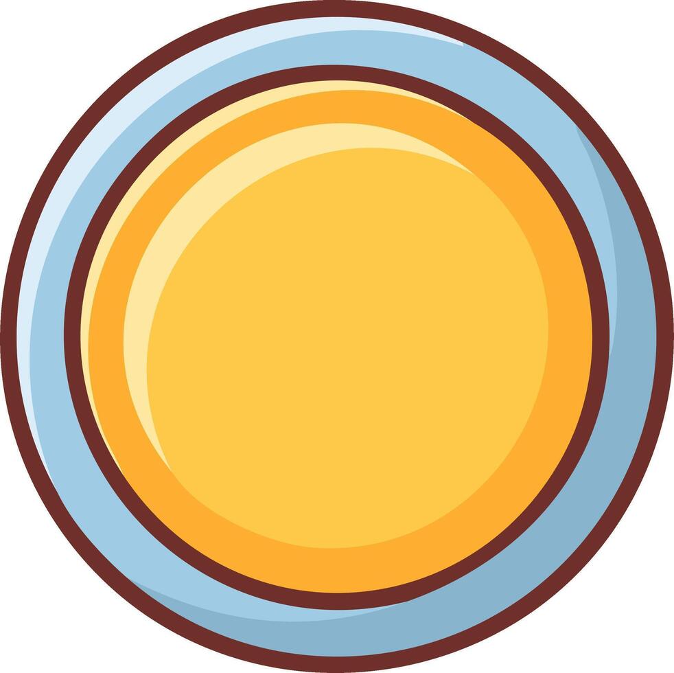 Round golden yellow button with a blue rim. Simple cartoon icon or badge element for games and web design vector
