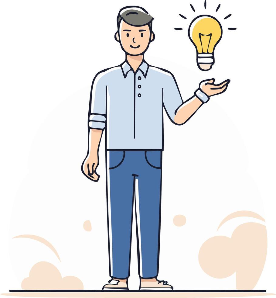 Smiling man with lightbulb symbolizing creative idea innovation and problem solving vector