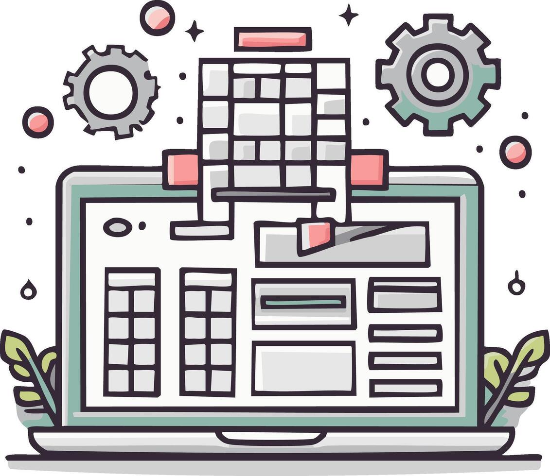 Modern laptop screen displaying data processing dashboard gears and technology illustration vector