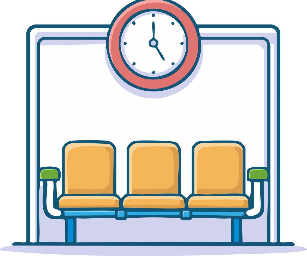 Empty waiting room seats under a large clock in a bus or train station terminal vector