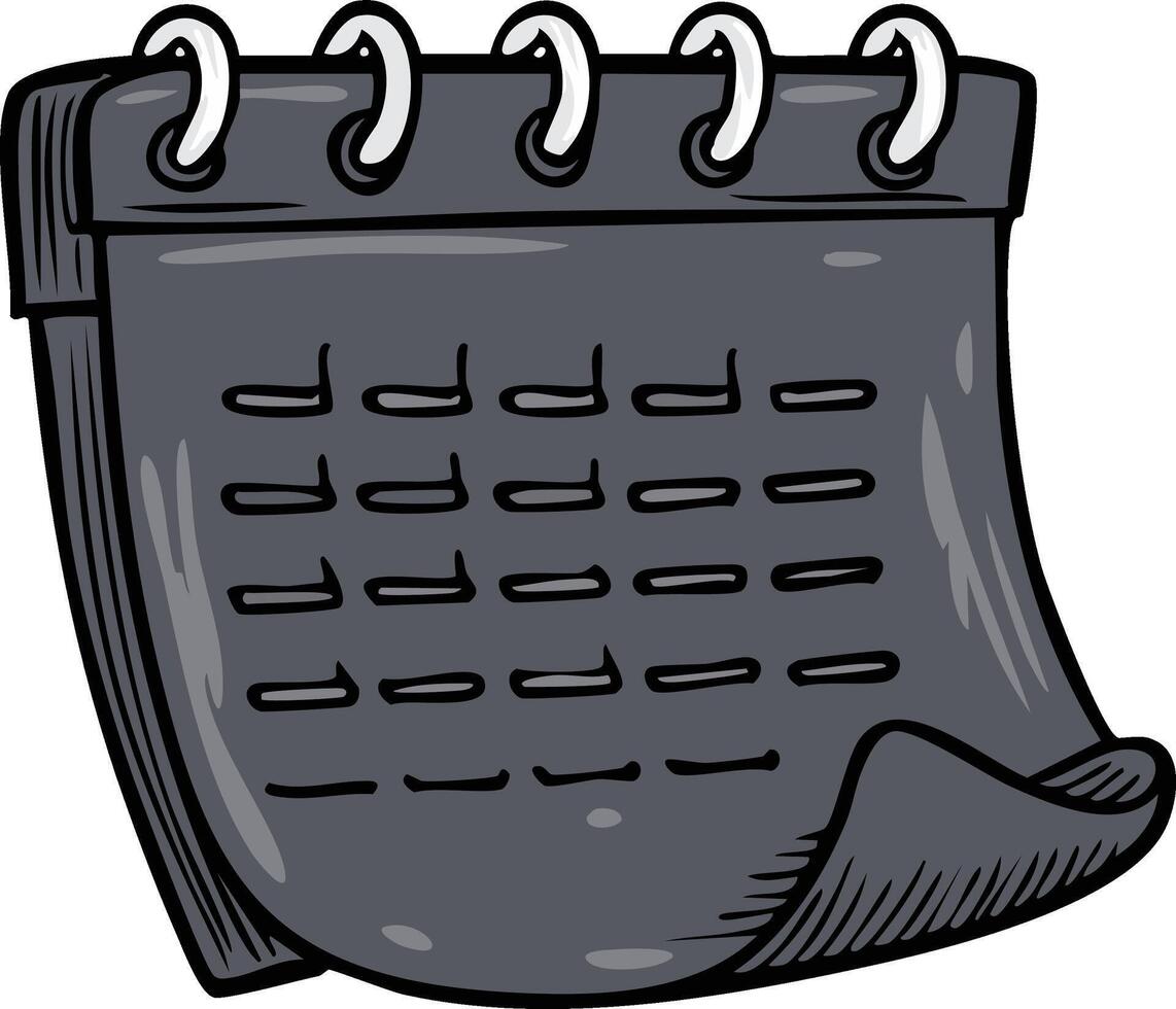 Cartoon style wall calendar with dark gray pages and spiral binding for time management and scheduling events and important dates vector
