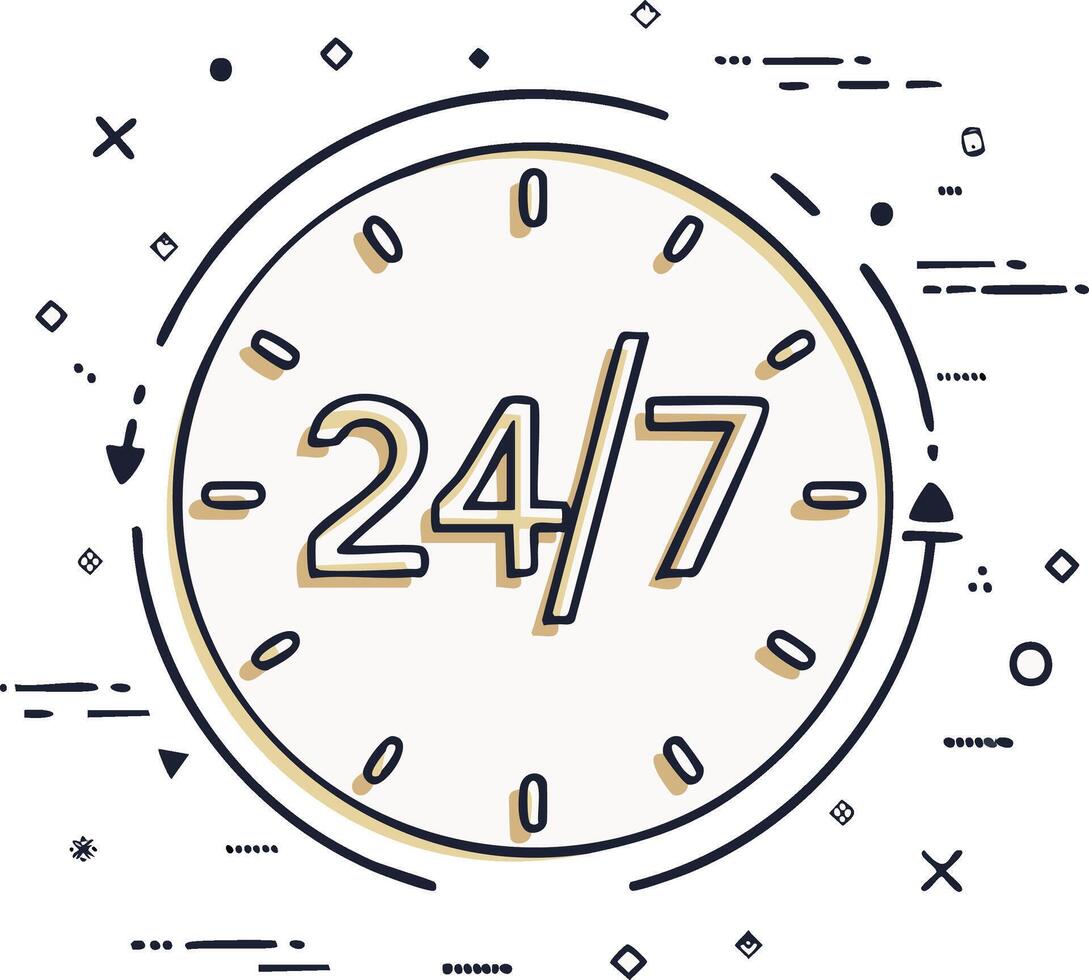 Always open 247 service concept. Hand drawn clock icon illustration for continuous customer support vector