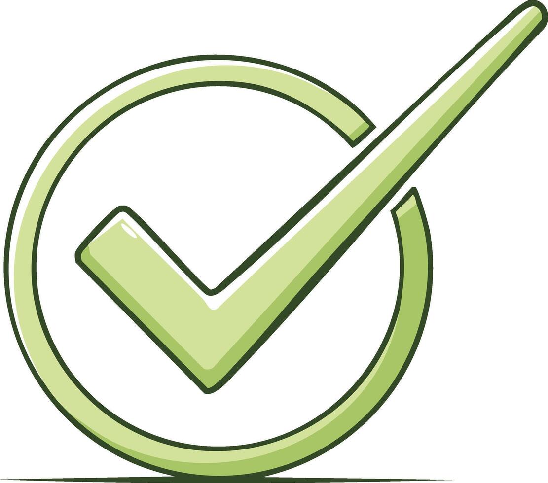 Illustrated green check mark symbol in a circle for approval success and task completion vector