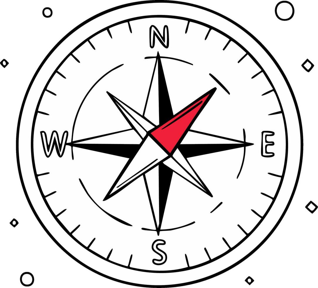 Simple line art drawing of a classic compass with a red arrow pointing north for navigation and travel vector