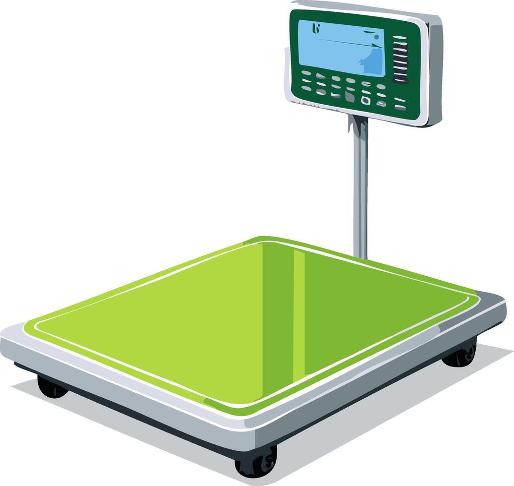 Industrial weighing scale platform in green and gray with a digital display screen and wheel casters vector
