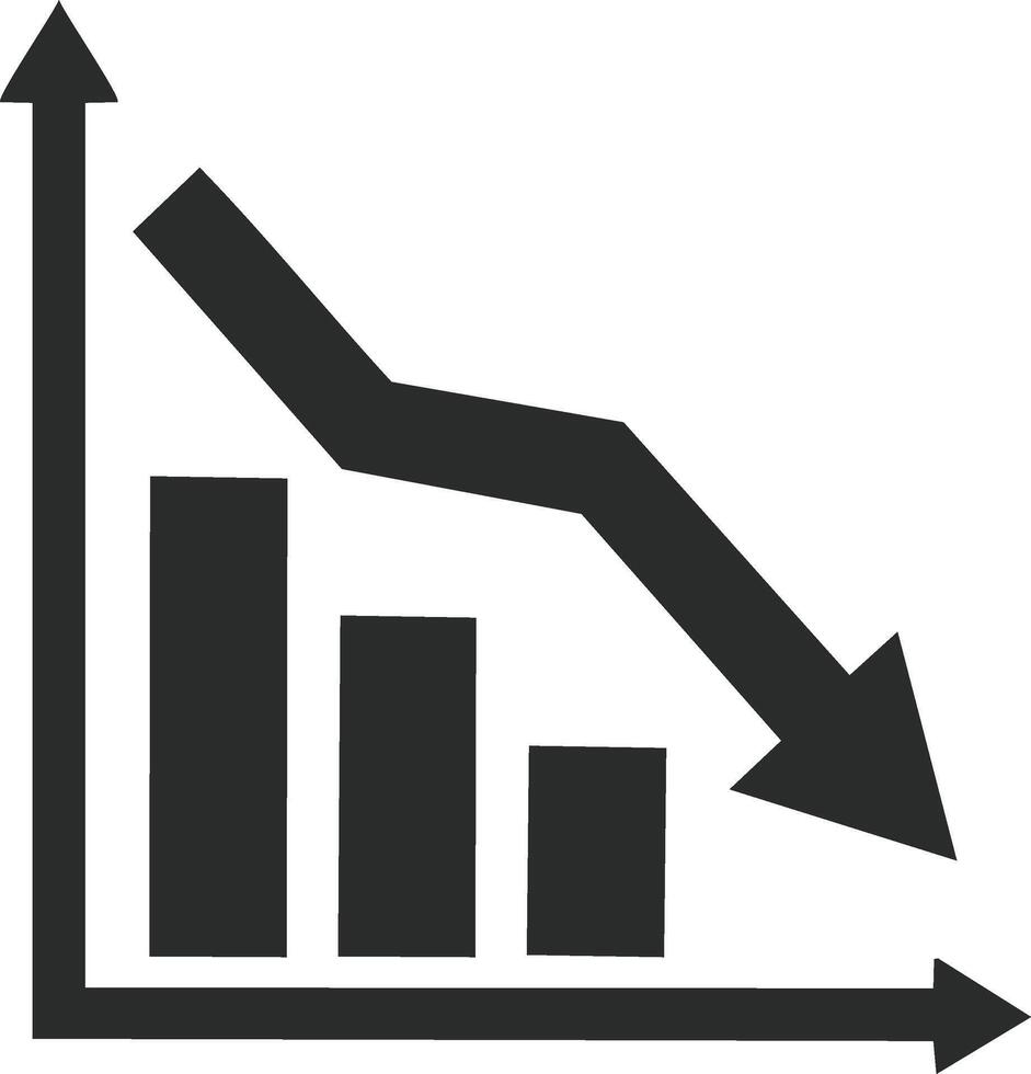 Business bar chart showing decreasing values and a prominent downward arrow indicating decline or loss vector