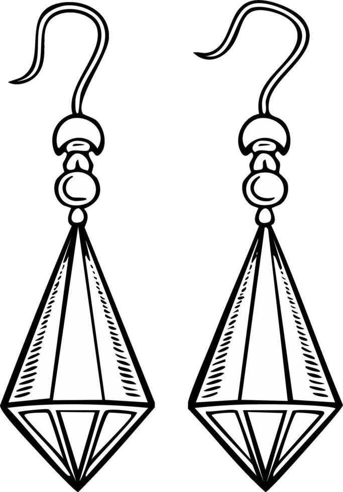 Simple outline drawing of a pair of geometric drop earrings with hooks and faceted shapes vector