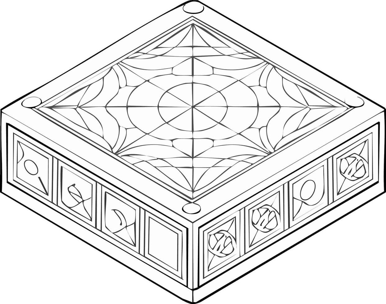 Abstract Ornate Geometric Box with Intricate Patterns and Symbols Black and White Line Art vector