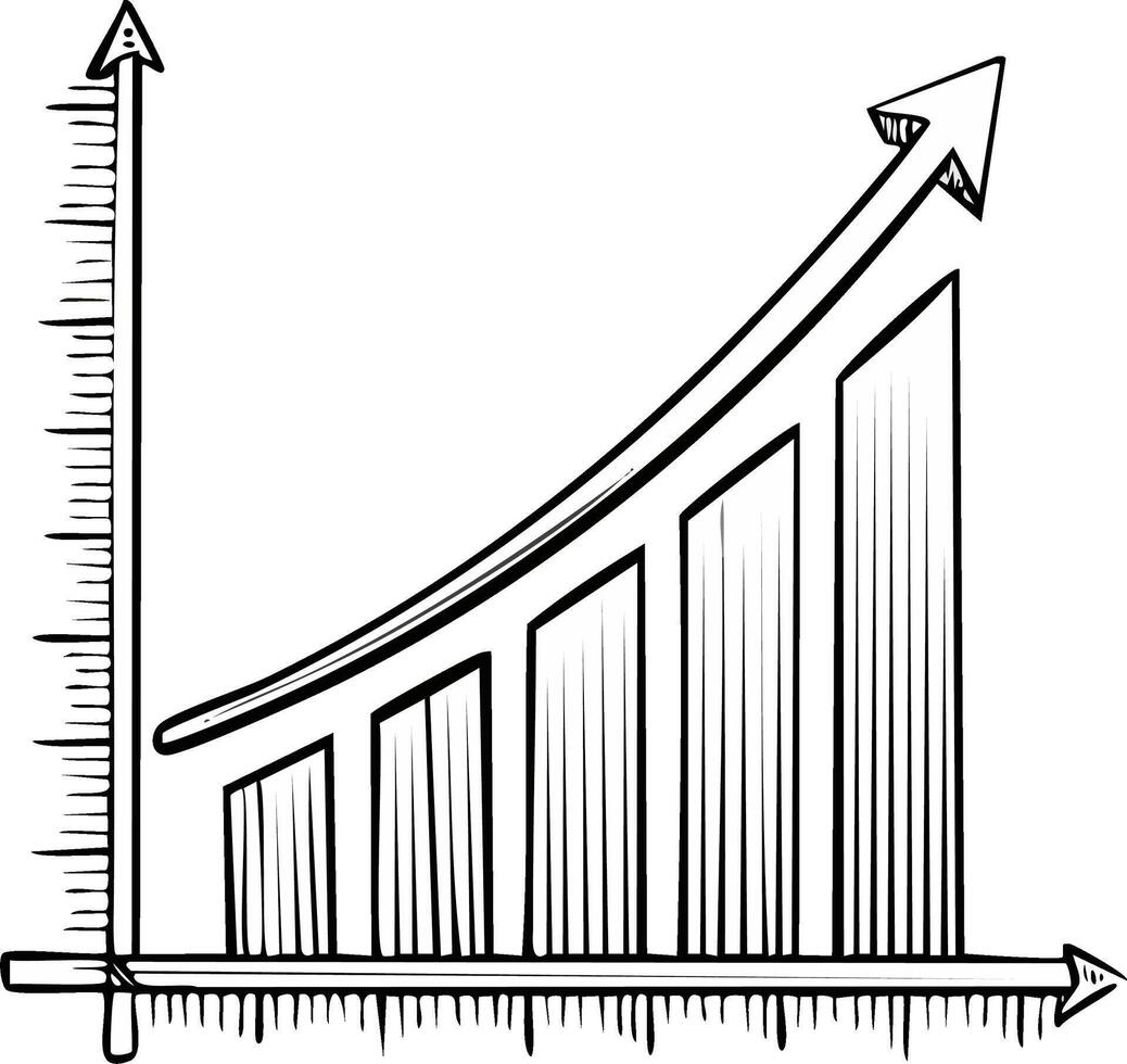 Hand drawn sketch of a growing bar chart with an upward arrow representing financial success and progress vector
