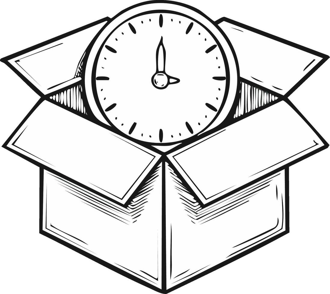 Hand drawn sketch illustration of a clock inside an open cardboard delivery box concept art vector