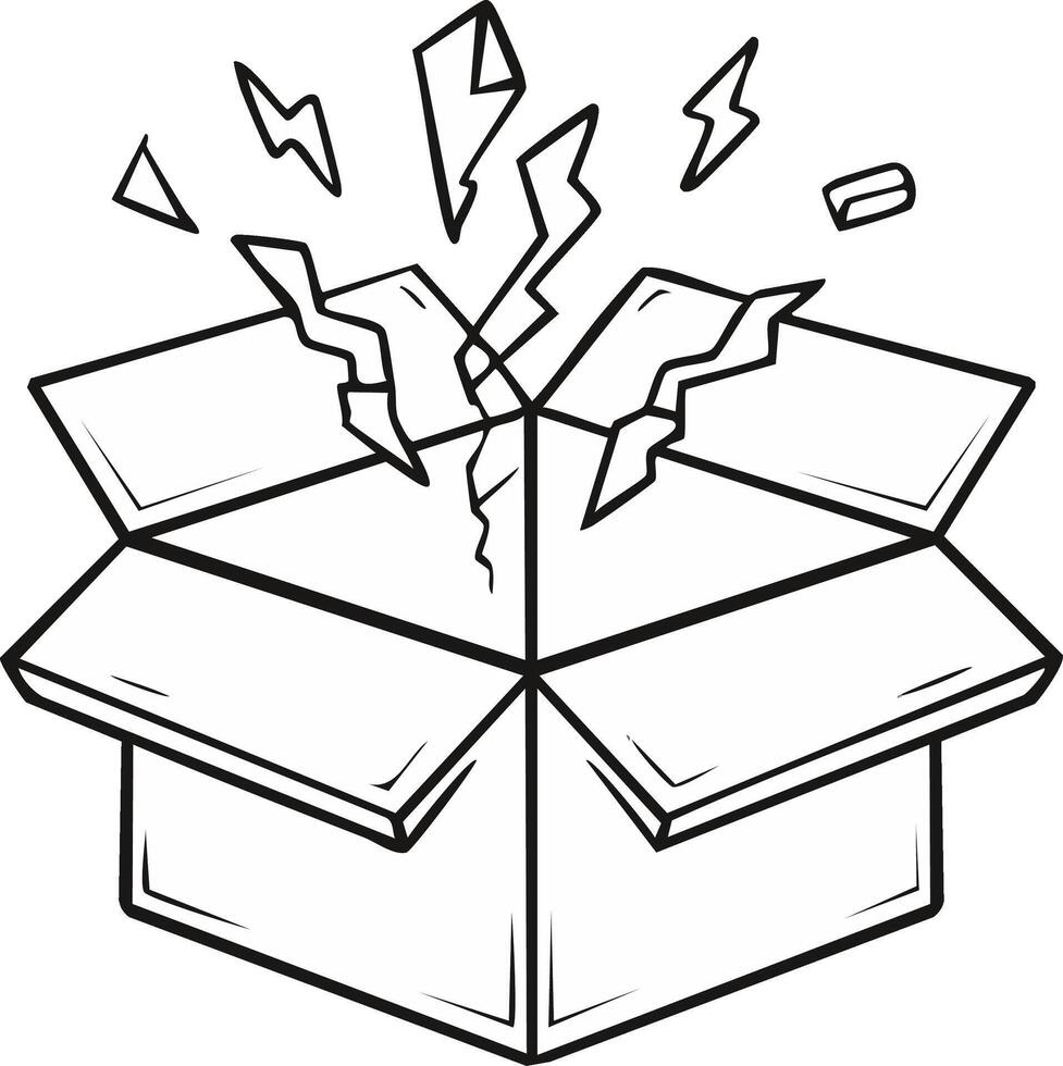 Exploding cardboard box with jagged shards and lightning bolts in a line art style vector