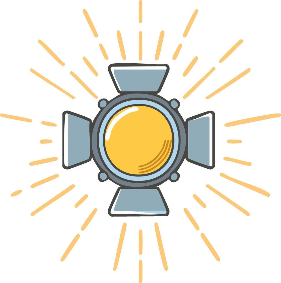 Illustration of studio lighting with shining rays, emphasizing illumination and creative production processes. Design featuring a light source vector