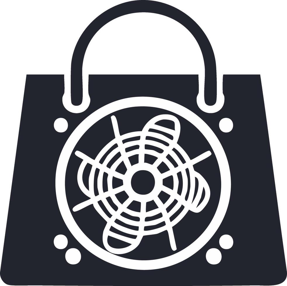 Minimalist icon of a shopping bag with a computer cooling fan for electronics retail and tech e-commerce vector