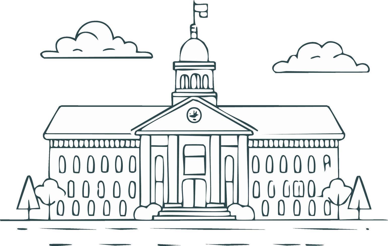 Grand Public Building with Dome and Columns Under a Cloudy Sky Simple Line Drawing vector
