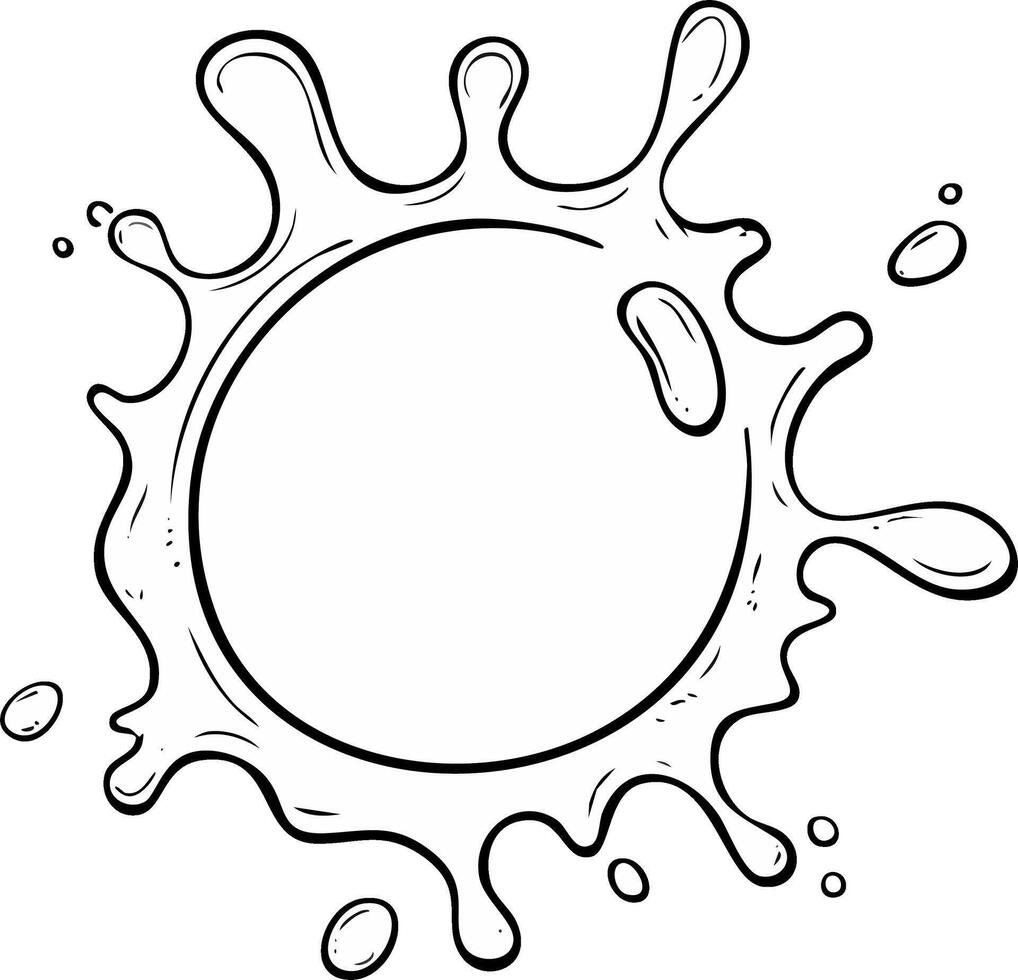 Hand drawn fluid splash frame black and white outline illustration with empty circular space for design vector