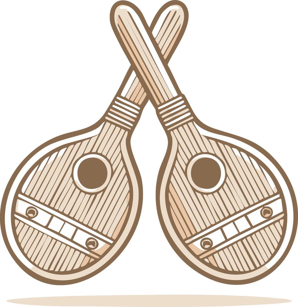 Two crossed wooden stringed musical instruments with round sound holes and patterned bodies vector