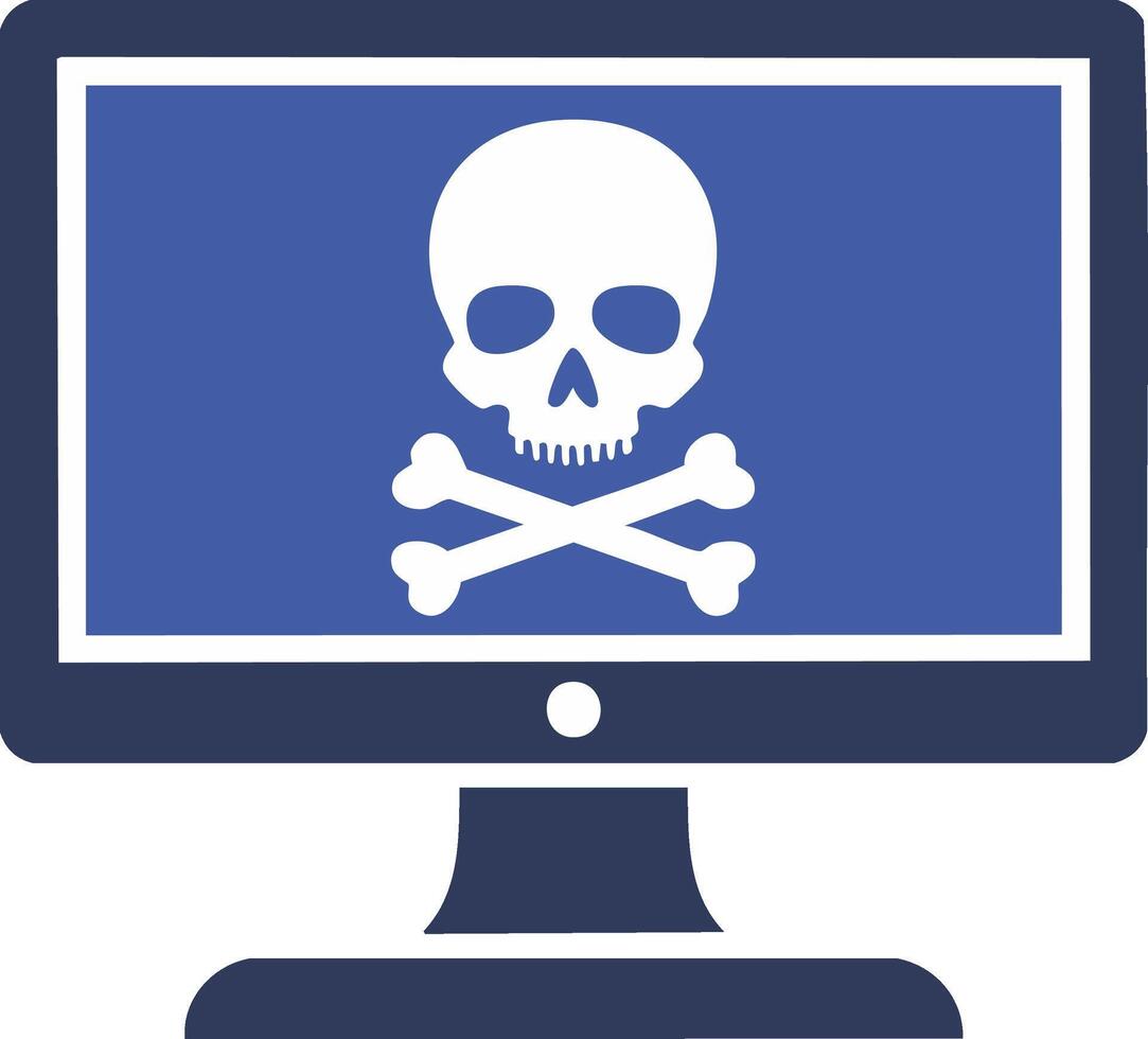 Malware warning on computer monitor screen, depicting a white skull and crossbones symbol vector