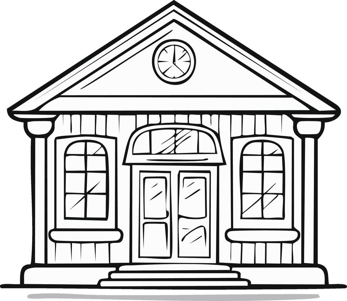 Drawn Classical Style Building with Columns Clock and Windows Line Art Illustration vector