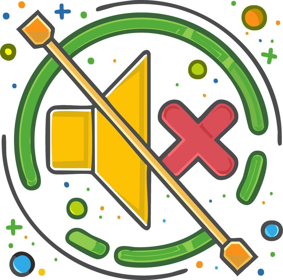 Icon of muted sound with a red cancel symbol, decorative elements in a flat design vector