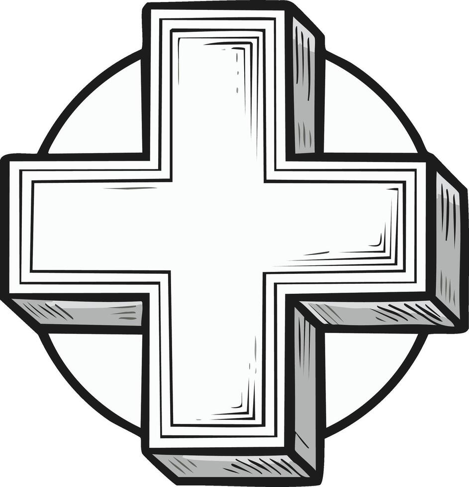 Sketched three dimensional plus sign icon within a circular outline vector