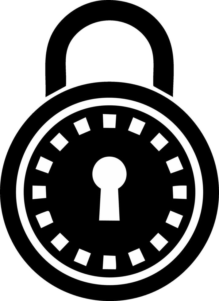 Bold black padlock icon with combination dial and keyhole symbolizing digital security access vector