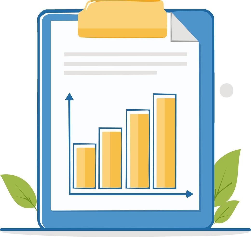 Financial growth bar chart on a document held by a clipboard with green leaves showing business progress vector