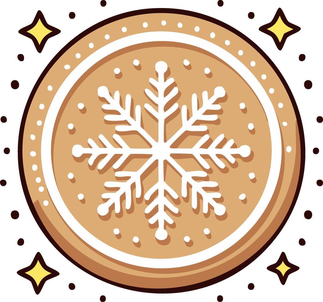 Festive round gingerbread cookie decorated with white icing snowflake and sparkling dots vector