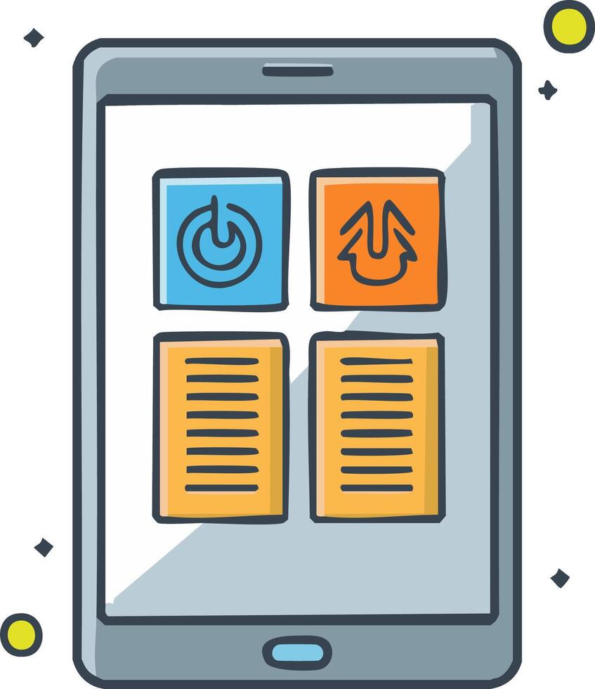 Illustration of a tablet device displaying four icons, including a power button and document symbols vector