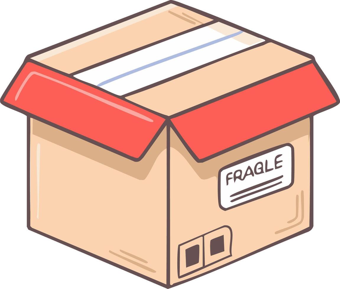 A vibrant illustration of an open cardboard delivery box with red flaps and a fragile label graphic vector