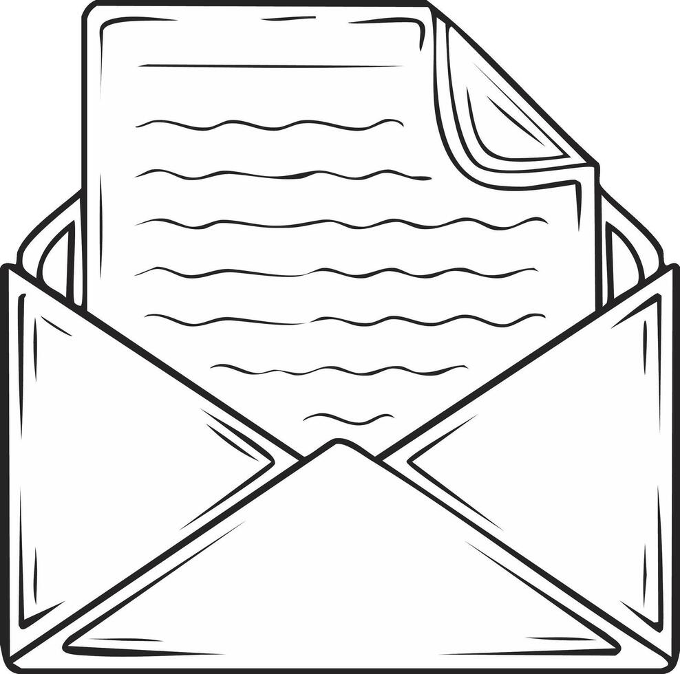 Hand Drawn Outline of Open Mail Envelope with Letter Inside Revealing a Message vector