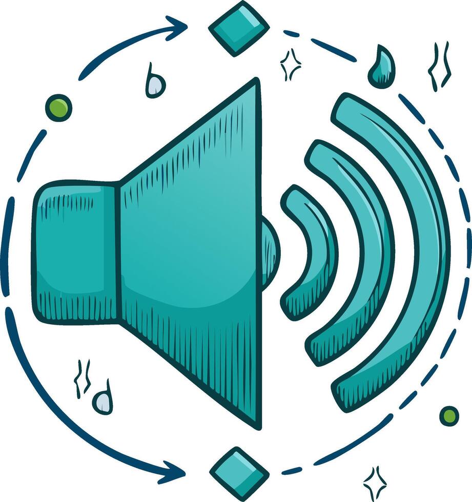 Dynamic sound speaker symbol with flowing musical elements and audio waves vector