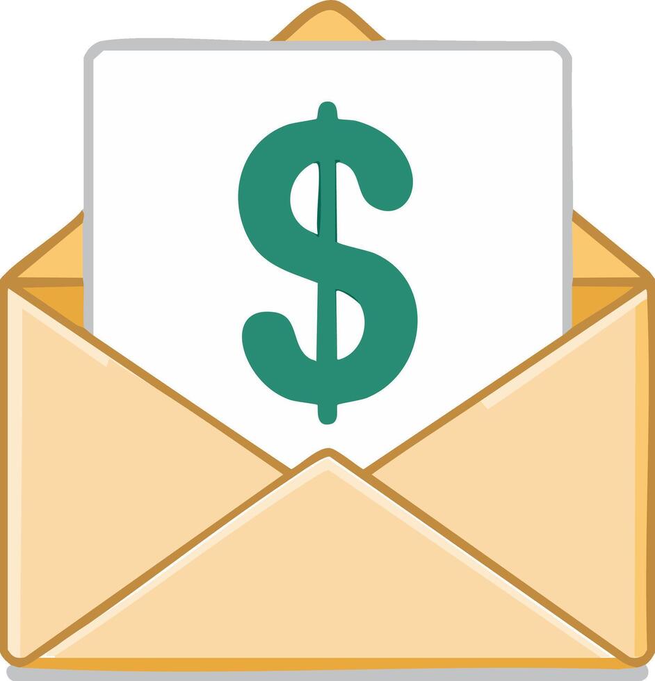 A flat illustration of an open envelope containing a card with a green dollar sign vector