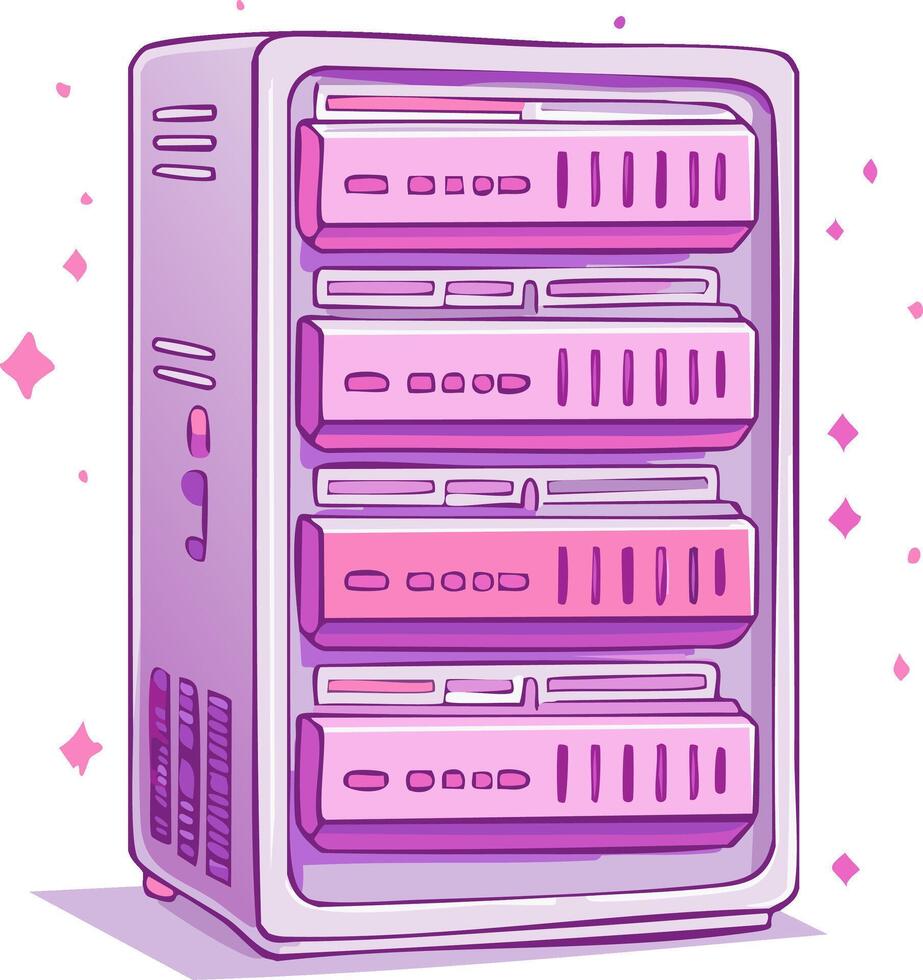Cartoon illustration of a server rack with multiple pink computing servers vector
