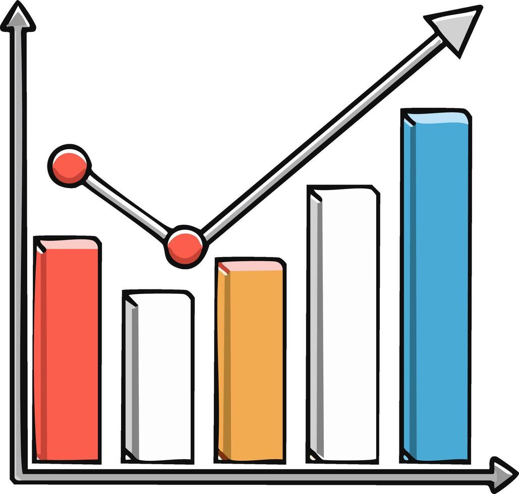 Hand-drawn business growth chart with rising arrow and colorful bar graph data visualization vector