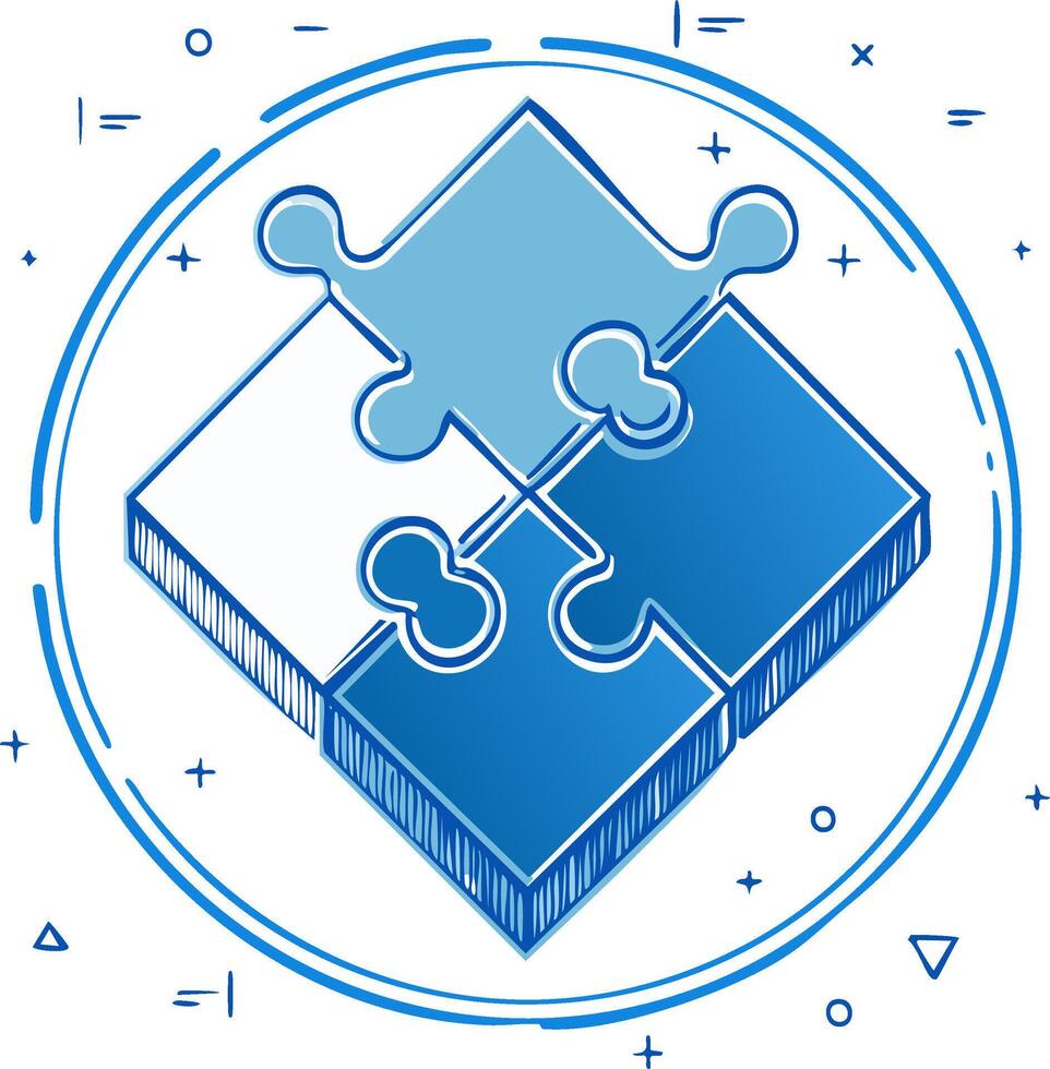Interlocking Puzzle Pieces within Circular Doodle Frame for Teamwork Concepts vector
