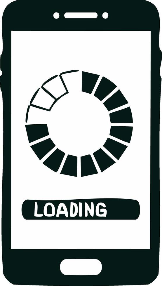 Monochrome illustration of a smartphone with loading symbol and loading text vector