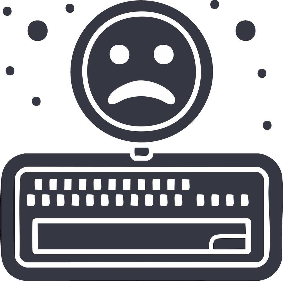 Frustrated sad face icon over a keyboard with dots symbolizing digital problems or online discontent vector