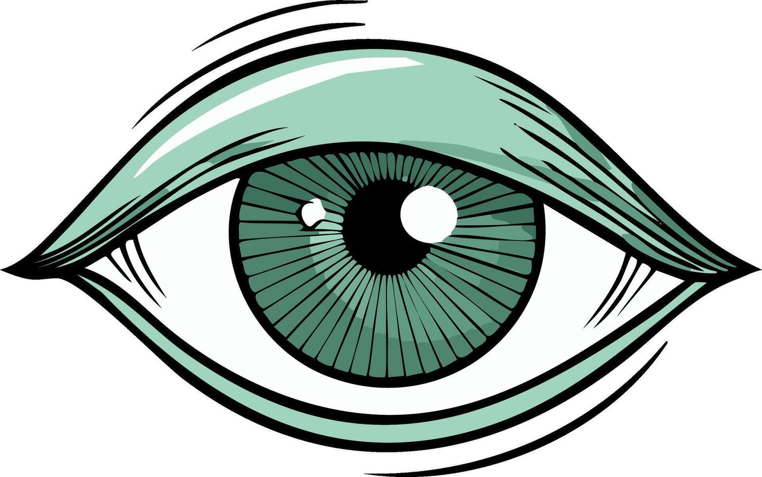 Graphic illustration of an eye with green iris, detailed lines and sharp edges vector