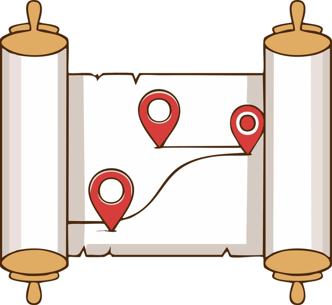 Ancient Scroll with Route Mapping and Location Pin Icons on a Faded Parchment Background vector