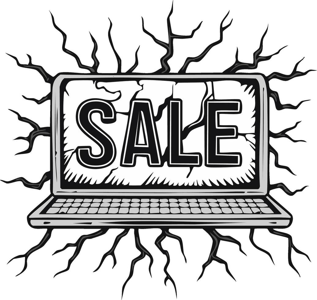 Distressed laptop computer screen showing SALE text with abstract organic roots design vector