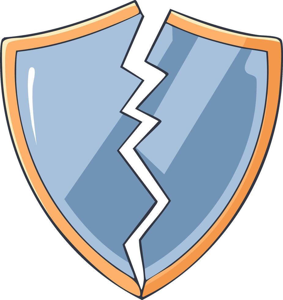 illustration of a broken shield symbol representing damaged security and vulnerability crisis vector